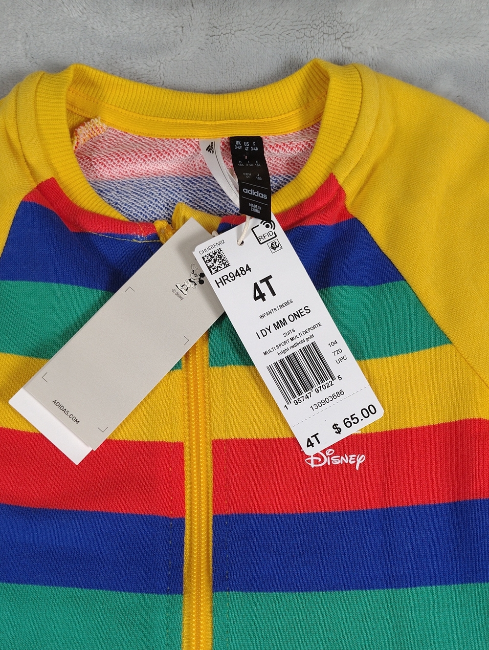 adidas x Disney Multicolor Striped Mickey Mouse Zip Up Jumpsuit Size 4T New - Picture 8 of 13